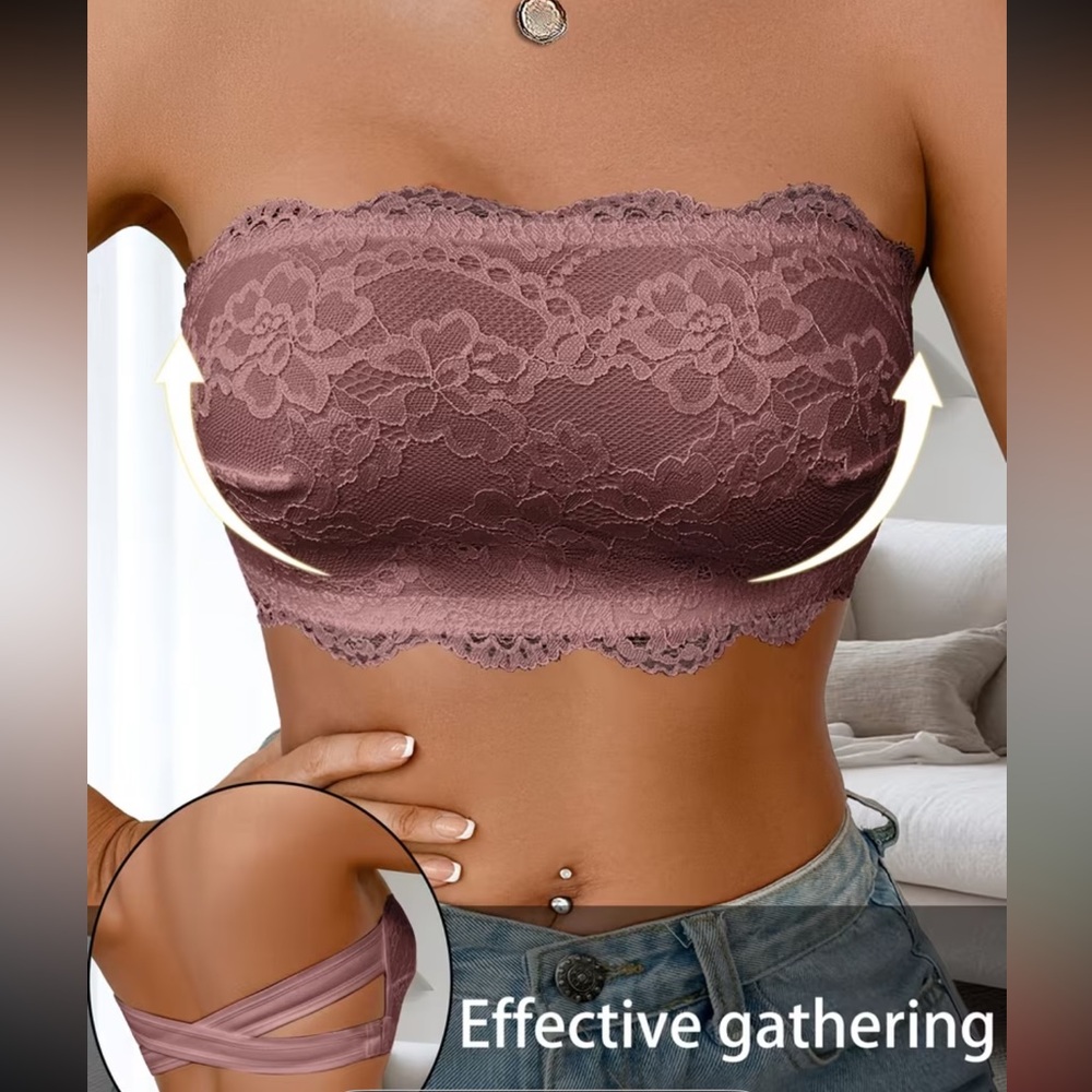 Lace Strapless Bandeau Bralette - Dark Brown NEW